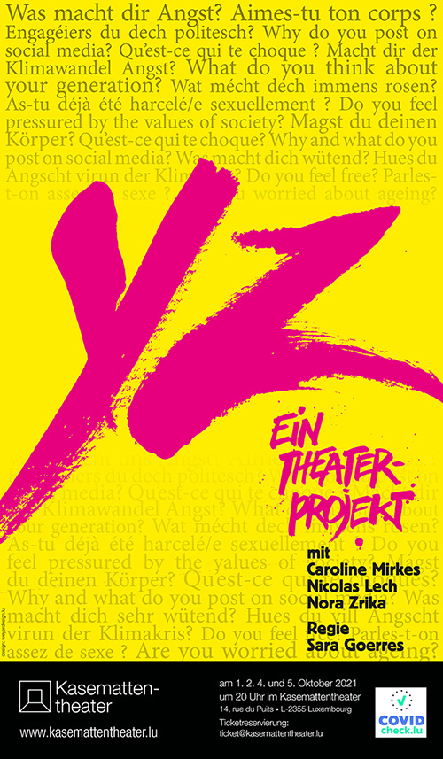 Plakat Affiche Kasemattentheater X/Y Ein Theaterprojekt Regie Sara Goerres, mit Caroline Mirkes, Nicolas Lech und Nora Zrika